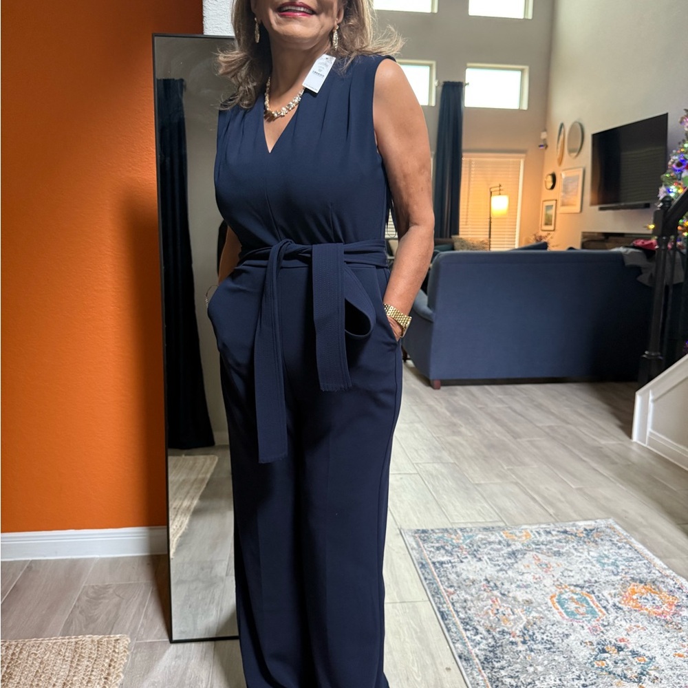 White House Black Market Deep Blue Belted Jumpsuit